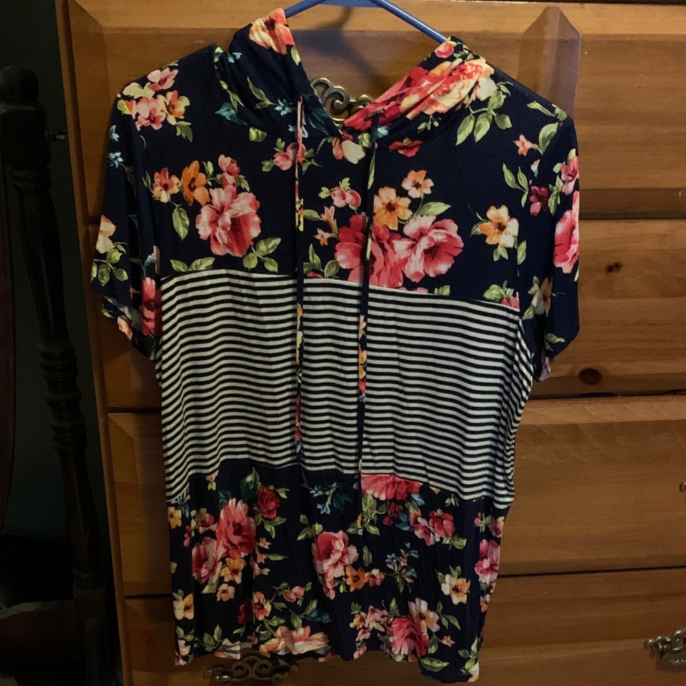 Navy Floral Stripe Hooded Top with Pink Blooms